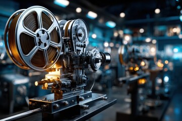 Naklejka premium Vintage film projector in an illuminated workshop with reels and machinery