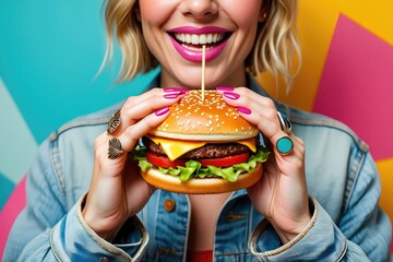 Close up of a woman smiling while holding a delicious burger, ready to eat.