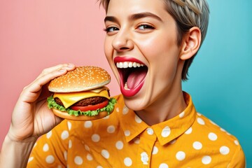 A joyful woman is about to eat a tasty burger with a big smile.