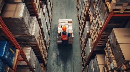High angle view of warehouse worker transporting cardboard boxes in large industrial storage facility with tall metal shelving, pallets, and bright overhead lighting for logistics and inventory manage