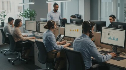 Busy Call Center: Diverse Team Working at Desks with Headsets Charts on Screens Modern Office. - Powered by Adobe