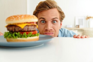 Man gazing at a juicy burger with a look of eager anticipation.