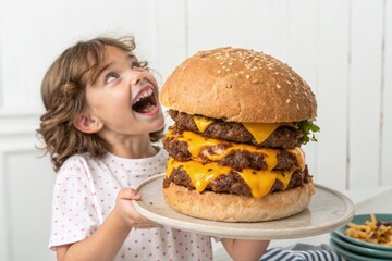 A little girl is looking up at an enormous cheeseburger with an open mouth, anticipating a meal.