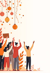 Happy retirement card illustration &ndash; diverse coworkers waving goodbye and celebrating colleague&rsquo;s last day with balloons and confetti, flat vector style for office farewell and goodbye events