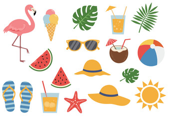 Colorful Summer Vector Elements Set – Flamingo, Sunglasses, Ice Cream, Coconut Drink, Beach Ball, Sun, Palm Leaves, and Holiday Icons Isolated on White Background