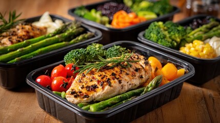 Healthy meal prep with vegetables and chicken in containers on kitchen counter