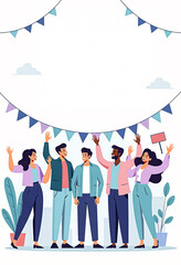 Happy retirement card illustration &ndash; diverse coworkers waving goodbye and celebrating colleague&rsquo;s last day with balloons and confetti, flat vector style for office farewell and goodbye events