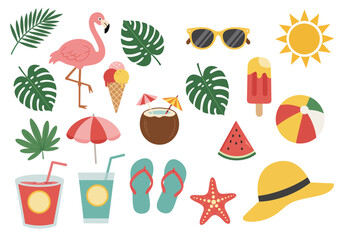 Colorful Summer Vector Elements Set – Flamingo, Sunglasses, Ice Cream, Coconut Drink, Beach Ball, Sun, Palm Leaves, and Holiday Icons Isolated on White Background