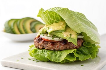 Close up shot of a delicious lettuce wrap burger with fresh ingredients.