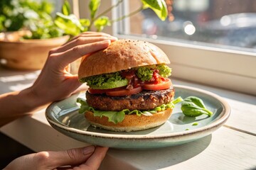 A mouthwatering burger is presented on a plate, capturing the essence of a fresh and healthy meal.