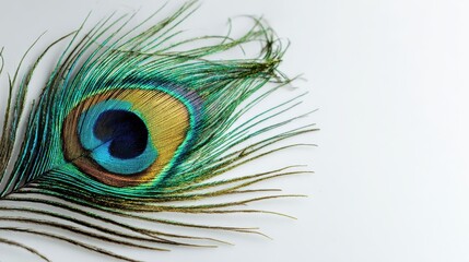 Obraz premium Vibrant Peacock Feather on Pristine White Background with Ample Copy Space