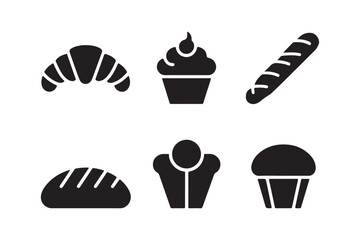 Collection of six black silhouette icons representing baked goods and pastries