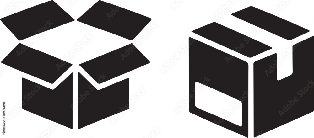 Poster open and closed cardboard boxes packaging vector bundle collection set pack object template elements