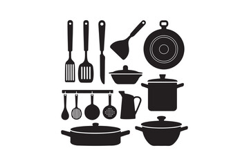 Collection of kitchen utensils and cookware silhouettes