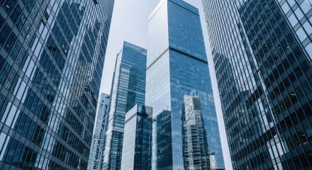 A low-angle, powerful view of modern glass skyscrapers in a major financial hub. A symbol of corporate power, finance, and urban architecture.