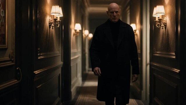 Bald man in a black coat, intense and emotionless expression, walks slowly down a luxurious, dimly-lit hallway. The camera tilts slightly, creating a distorted sense of dread.
