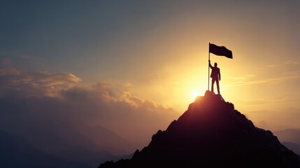business, success, leadership, achievement and people concept - silhouette of businessman with flag on mountain top over sky and sun light background, no logos, no brands
