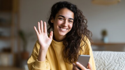 Happy hispanic teen girl waving hand using smartphone app enjoying online virtual chat video call with friends in distance mobile chat virtual meeting, recording stories for social media at home., no