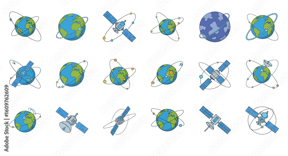 Poster vector icons set of a colorful cartoon icon set of planet earth and communication satellites with or