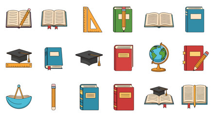 Vector Icons Set of A colorful cartoon set of school and academic icons Includes books pencils rulers a globe and graduation caps. EPS Editable
