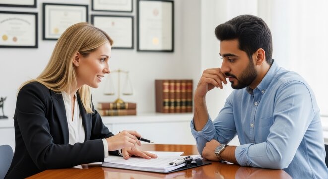 A female lawyer provides legal consultation to a male client in her office. A professional advisor explaining a contract or document.