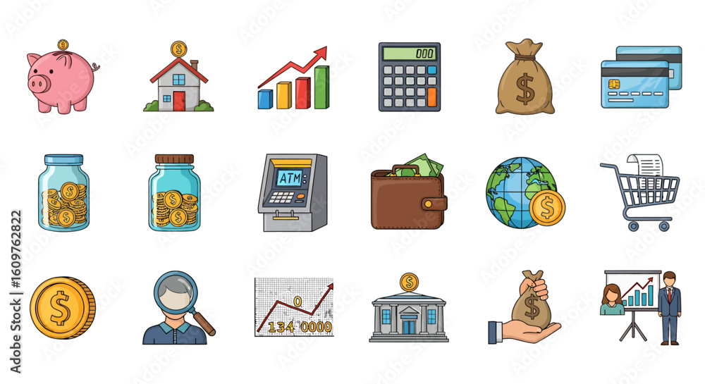 Poster vector icons set of a colorful collection of cartoon finance and banking icons this set includes a p