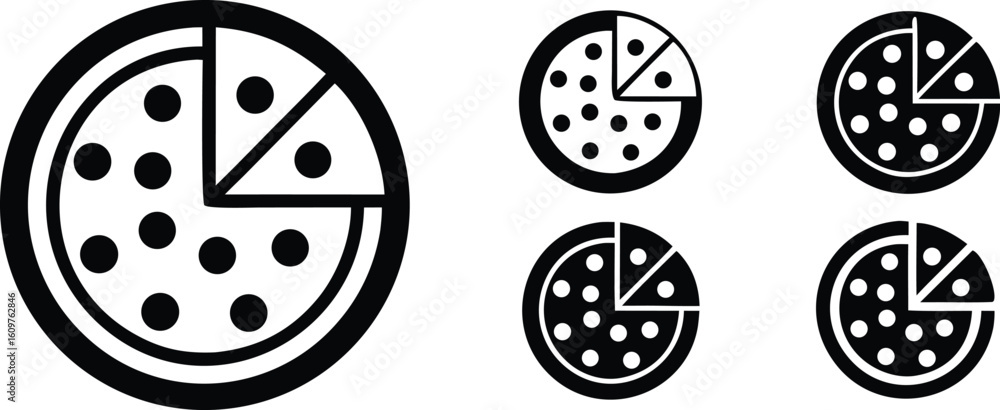 Poster round black pizza slices with circular toppings food white vector bundle collection set pack object 