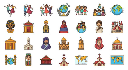 Fototapeta premium Vector Icons Set of A colorful collection of cartoon icons representing global diversity culture and religion The set includes people landmarks and world maps in a filled outline s. EPS Editable