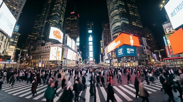 Rapid changes on digital billboards in Times Square capture vibrant nightlife and pedestrian movement in time lapse