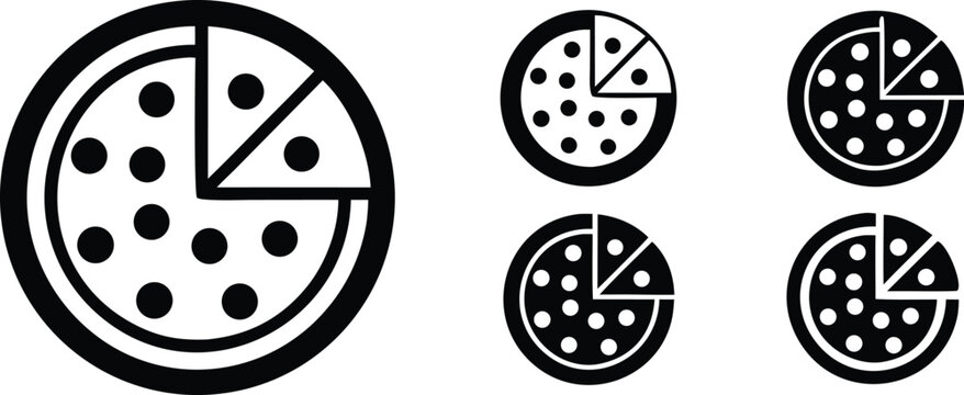 Round black pizza slices with circular toppings food white vector bundle collection set pack object template elements icons clipart illustration editable flat minimal modern banner poster object png e