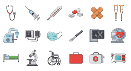 Fototapeta premium Vector Icons Set of A colorful collection of cartoonstyle medical and hospital equipment icons including a stethoscope syringe and wheelchair. EPS Editable