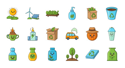 Vector Icons Set of A colorful collection of cute kawaiistyle cartoon icons representing ecology recycling and sustainable living concepts. EPS Editable