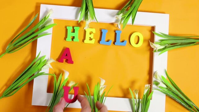 Bright August Greeting with Colorful Letters and calla lilies Flower and frame