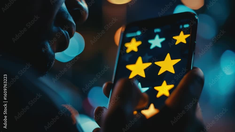 Poster a person holding a cell phone with five stars displayed on the screen, suitable for use in technolog
