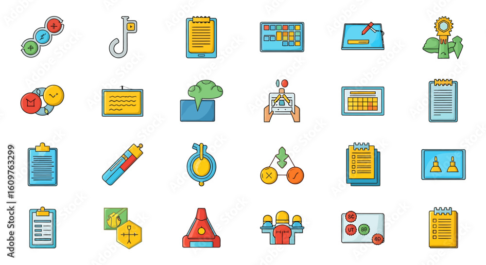 Poster vector icons set of a colorful collection of flat design business icons with thick outlines represen