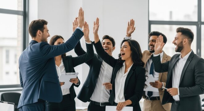 A diverse and excited business team celebrating a victory with a group high-five. Happy colleagues cheering for a shared success in the office.