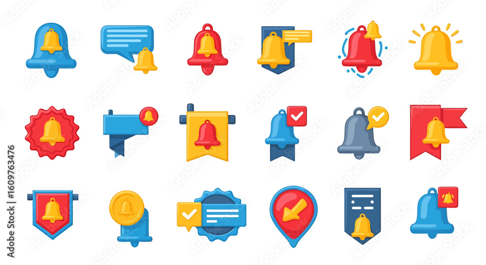 Poster vector icons set of a colorful collection of flat design notification bell icons with alerts message