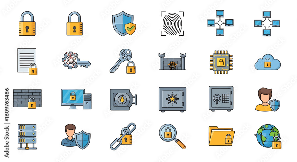 Poster vector icons set of a colorful collection of flat design security icons featuring padlocks shields c