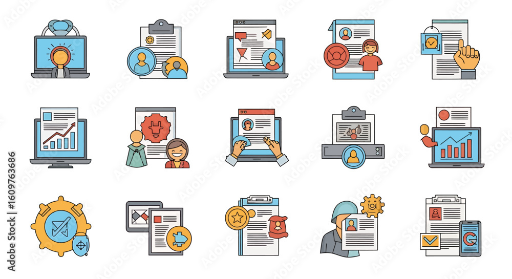 Poster vector icons set of a colorful set of filledline icons representing business human resources managem