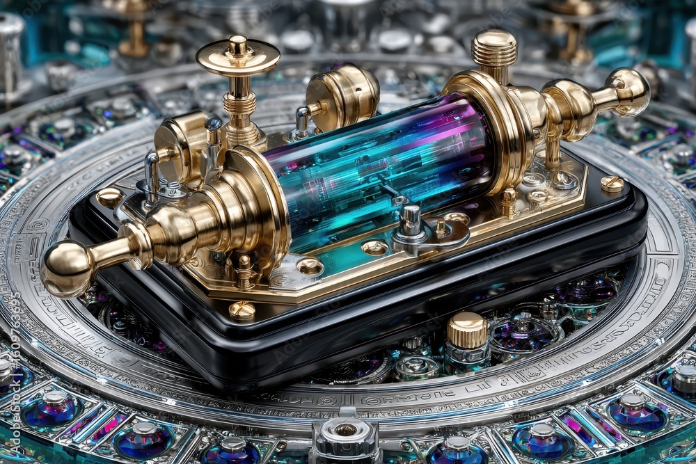 Poster intricate gadget with a luminous core displayed on a detailed circular platform
