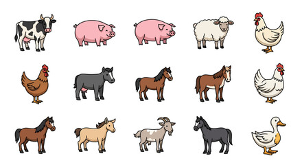 Vector Icons Set of A colorful set of cute cartoon farm animals including a cow pig sheep horse chicken goat and duck depicted in a simple outlined style. EPS Editable © BUDENGRMX