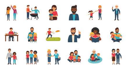 Vector Icons Set of A diverse collection of cartoon people and families engaged in various activities and interactions. EPS Editable