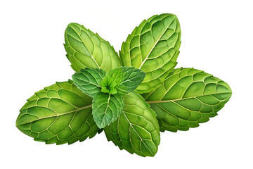 A close up shot of a sprig of fresh mint leaves with visible veins on a white background
