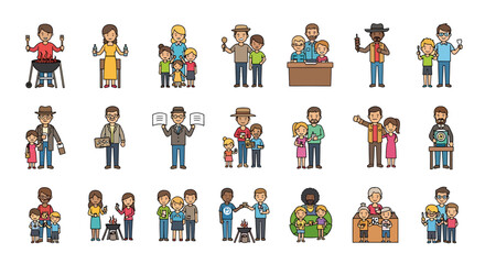 Fototapeta premium Vector Icons Set of A diverse collection of cartoon people icons featuring families and friends at social gatherings parties and community events. EPS Editable