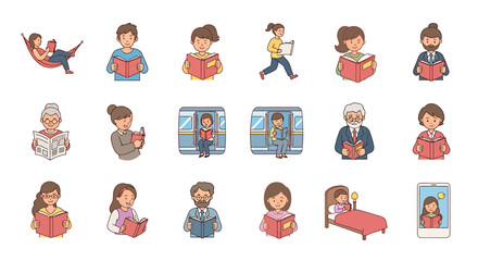 Vector Icons Set of A diverse collection of cartoon people of all ages reading books in various settings and poses. EPS Editable