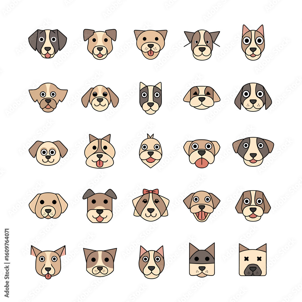 Poster vector icons set of a diverse collection of cute cartoon dog head icons set of stylized puppy faces 