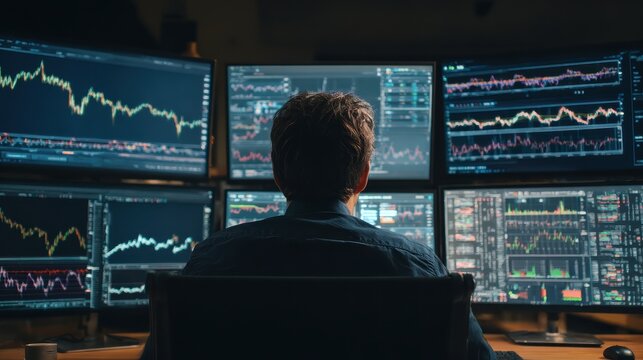 Business man stock exchange trader broker looking at pc computer screen, investor manager analyzing financial chart trading online investment data price crypto currency market graph, managing risks.,