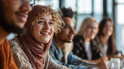 Obraz premium A diverse group collaborating in a classroom