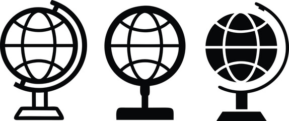 Three black globe icons on white background world earth vector bundle collection set pack object template elements icons clipart illustration editable flat minimal modern banner poster object png eps 