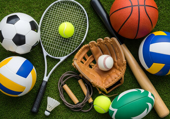A collection of various sports equipment is arranged on green grass
